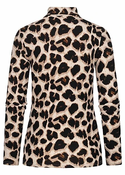 Pieces Damen High-Neck Top Longsleeve Mit Leo Print Schwarz Beige 2 Pieces Damen High-Neck Top Longsleeve Mit Leo Print Schwarz Beige – Bild 2