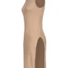 Cloud5ive Damen Longform Pullunder Mit Rollkragen Kleid Seitli. Schlitz Beige Melange
