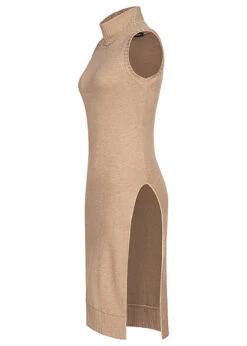 Cloud5ive Damen Longform Pullunder Mit Rollkragen Kleid Seitli. Schlitz Beige Melange