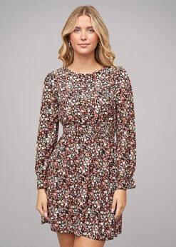 Cloud5ive Damen Langarm Kleid Mit Blumen Print Schwarz Mehrfarbig