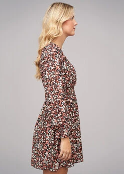 Cloud5ive Damen Langarm Kleid Mit Blumen Print Schwarz Mehrfarbig -Onlyy Kleidung Geschaft 22106429 2