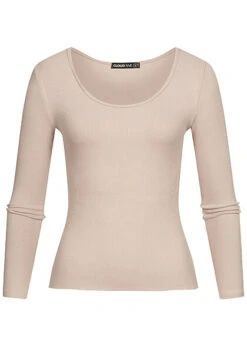 Cloud5ive Damen Langarm Shirt Strukturstoff M. Wellen Am Saum Beige