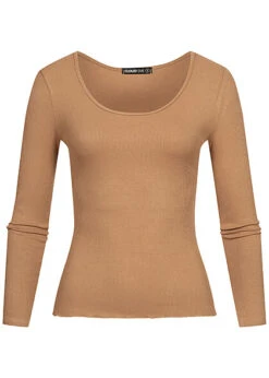 Cloud5ive Damen Langarm Shirt Strukturstoff M. Wellen Am Saum Camel Braun
