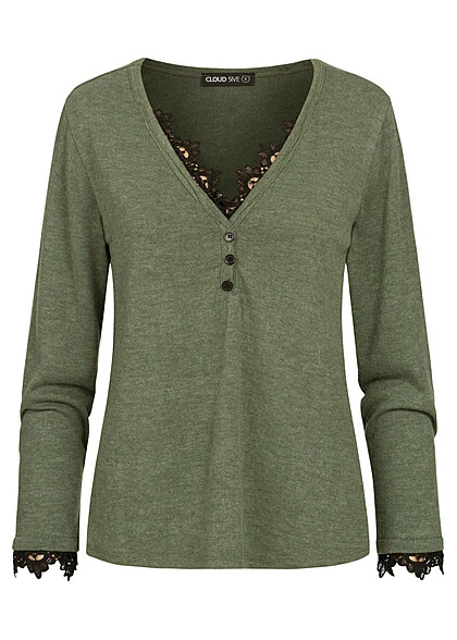 Cloud5ive Damen Longsleeve Sweater Mit Spitzeneinsatz Und Knopfleiste Grün Schwarz 1 Cloud5ive Damen Longsleeve Sweater Mit Spitzeneinsatz Und Knopfleiste Grün Schwarz