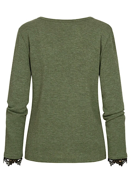 Cloud5ive Damen Longsleeve Sweater Mit Spitzeneinsatz Und Knopfleiste Grün Schwarz 2 Cloud5ive Damen Longsleeve Sweater Mit Spitzeneinsatz Und Knopfleiste Grün Schwarz – Bild 2