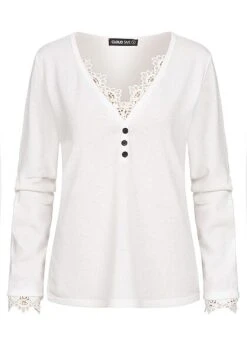 Cloud5ive Damen Longsleeve Sweater Mit Spitzeneinsatz Und Knopfleiste Weiss