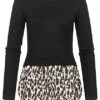 Cloud5ive Damen 2in1 Chiffon Top Longsleeve Mit Leoprint Schwarz Beige