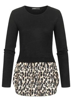 Cloud5ive Damen 2in1 Chiffon Top Longsleeve Mit Leoprint Schwarz Beige