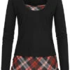 Cloud5ive Damen 2in1 Langarm Top Longsleeve Mit Karomuster Und Seitl. Gerafft Schwarz