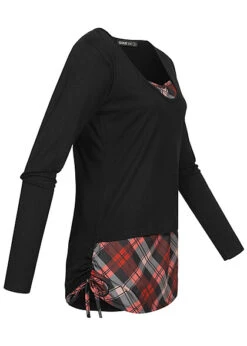 Cloud5ive Damen 2in1 Langarm Top Longsleeve Mit Karomuster Und Seitl. Gerafft Schwarz -Onlyy Kleidung Geschaft 23016638 1