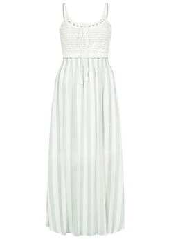 Aiki Damen Viskose Kleid Mit Häkelbesatz Und Bindedetail Gestreift Weiss Grün