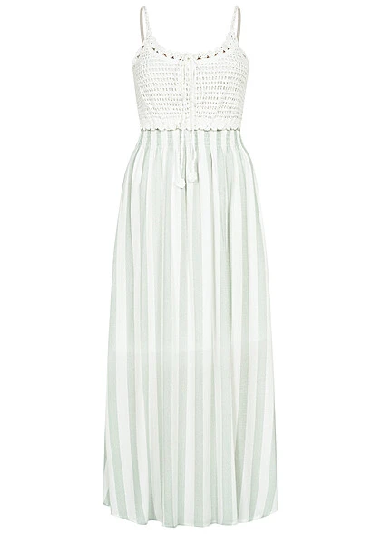 Aiki Damen Viskose Kleid Mit Häkelbesatz Und Bindedetail Gestreift Weiss Grün 1 Aiki Damen Viskose Kleid Mit Häkelbesatz Und Bindedetail Gestreift Weiss Grün
