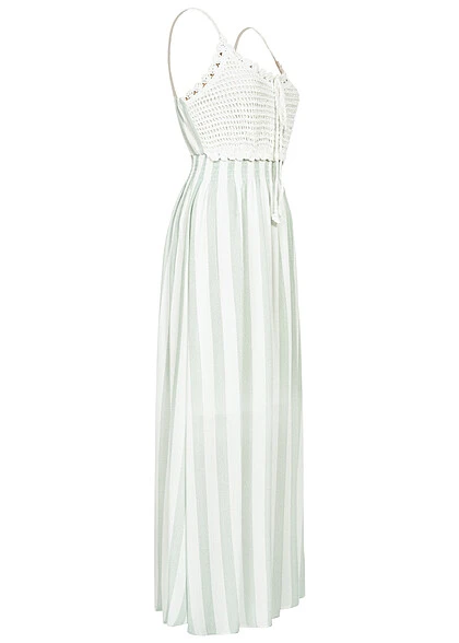 Aiki Damen Viskose Kleid Mit Häkelbesatz Und Bindedetail Gestreift Weiss Grün 2 Aiki Damen Viskose Kleid Mit Häkelbesatz Und Bindedetail Gestreift Weiss Grün – Bild 2