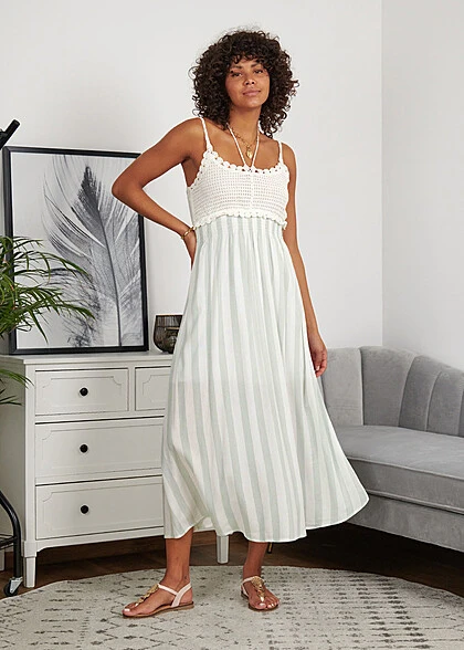 Aiki Damen Viskose Kleid Mit Häkelbesatz Und Bindedetail Gestreift Weiss Grün 4 Aiki Damen Viskose Kleid Mit Häkelbesatz Und Bindedetail Gestreift Weiss Grün – Bild 4