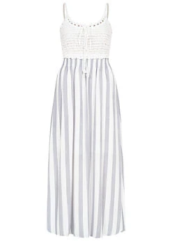 Aiki Damen Viskose Kleid Mit Häkelbesatz Und Bindedetail Gestreift Weiss Blau