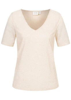 VILA Damen NOOS Basic T-Shirt Mit V-Neck Birch Beige Melange