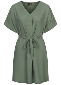 Vero Moda Damen Kurzarm Kleid Mit V-Neck Und Bindegürtel Laurel Wreath Grün