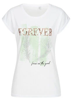 Cloud5ive Damen T-Shirt Mit Forever Feder Print Weiss