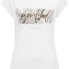 Cloud5ive Damen T-Shirt Mit Beautiful Blätter Print Weiss Gold