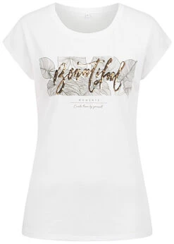 Cloud5ive Damen T-Shirt Mit Beautiful Blätter Print Weiss Gold
