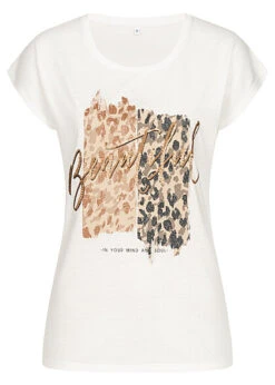 Cloud5ive Damen T-Shirt Mit Beautiful Leo Print Mit Kupfer Details Weiss