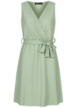 Cloud5ive Damen Struktur Wickelkleid Mit Bindegürtel Hell Grün