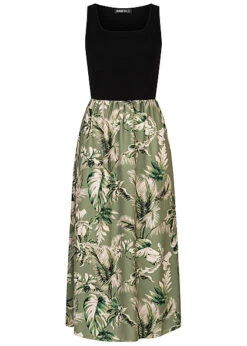 Cloud5ive Damen Maxi-Kleid 2-Tone Mit Palmen Print Schwarz Grün