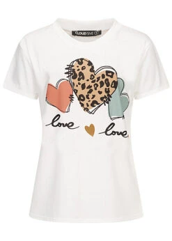 Cloud5ive Damen T-Shirt Mit Rundhals Und Herz Love Print Weiss