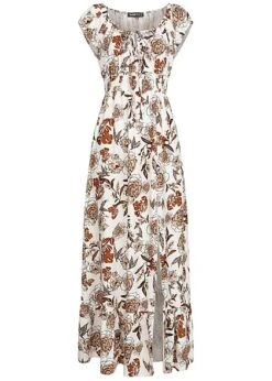 Cloud5ive Damen Maxi Kleid Mit Schlitz Und Knotendetail Blumen Print Weiss Braun