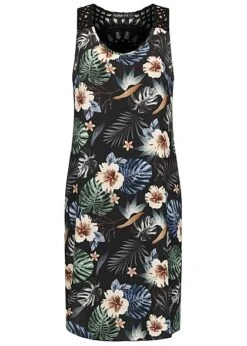 Cloud5ive Damen A-Linie Kleid Mit Häkeleinsatz Hinten AOP Tropical Schwarz