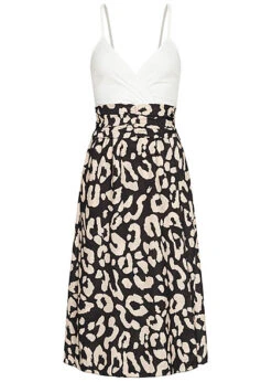 Cloud5ive Damen Trägerkleid In Wickeloptik Mit Leo Print Weiss Schwarz Beige