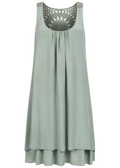 Victoria & Violet Damen Viskose Kleid Mit Volant Und Cut-Out Muster Hinten Khaki